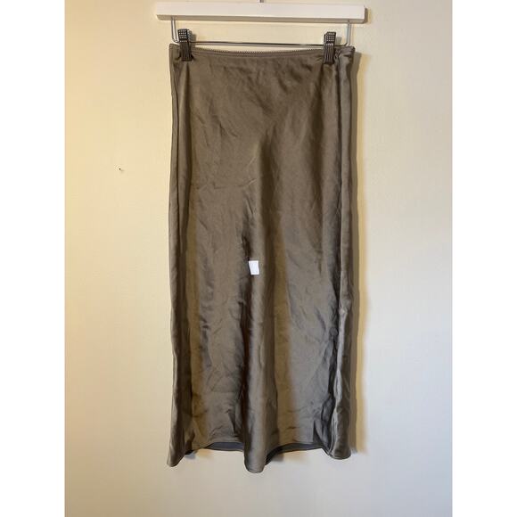 RTR Samsoe Samsoe Sz XS Olive Green Saagneta Satin Slip Midi Skirt silky stretch - Picture 3 of 8